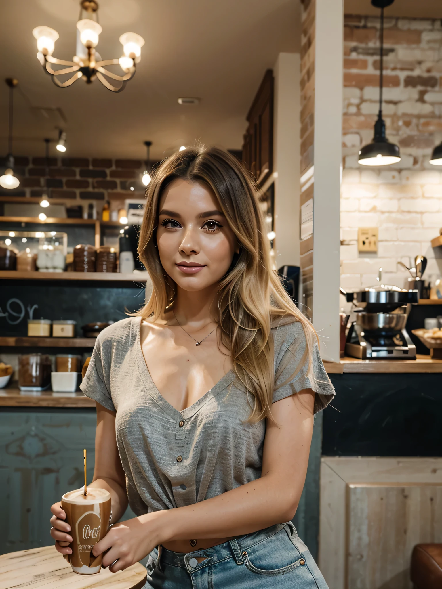 Modelo de glamour escandinavo de 30 anos, com olhos detalhados, long eyelashes, soft head, seios grandes, cintura fina, cabelo longo, blonde hair in a trendy cafe, our digital influencer sips a cappuccino while showing off her impeccable fashion sense. Vestindo um conjunto urbano em tons de azul e preto, she turns the cafe into her own fashion show, instantly sharing the moment with your style-hungry followers