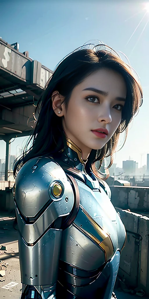 RAW, masterpiece, ultra fine photo,, best quality, ultra high definition, photorealistic, sunlight, full body portrait, stunningly beautiful,, dynamic pose, delicate face, vivid eyes, (side view), she wears futuristic Iron Man mecha, blue and gold yellow and green color scheme, highly detailed abandoned warehouse background, detailed face, detailed and complex busy background, messy and gorgeous, milky white, High Detail Skin, Realistic Skin Details, Visible Pore, Sharp Focus, Volumetric Fog, 8K UHD, DSLR Camera, High Quality, Film Grain, Fair Skin, Photorealism, Lomography, Futuristic Dystopia, Vast Metropolis, View from Below, Translucent