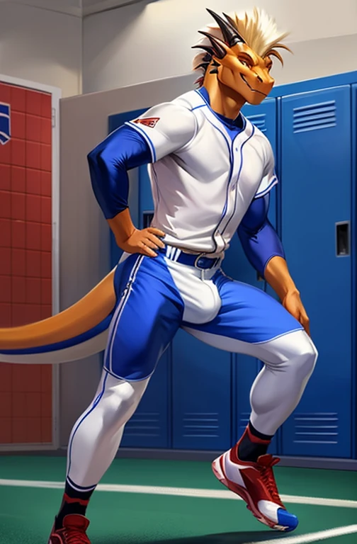 solo, male, orange color dragon, with mohawk beige hair, muscular male, wearing a tight white baseball uniform, baseball white long tight pants, sport sock, sport shoes, a detailed bulge, at a locker room, by chunie