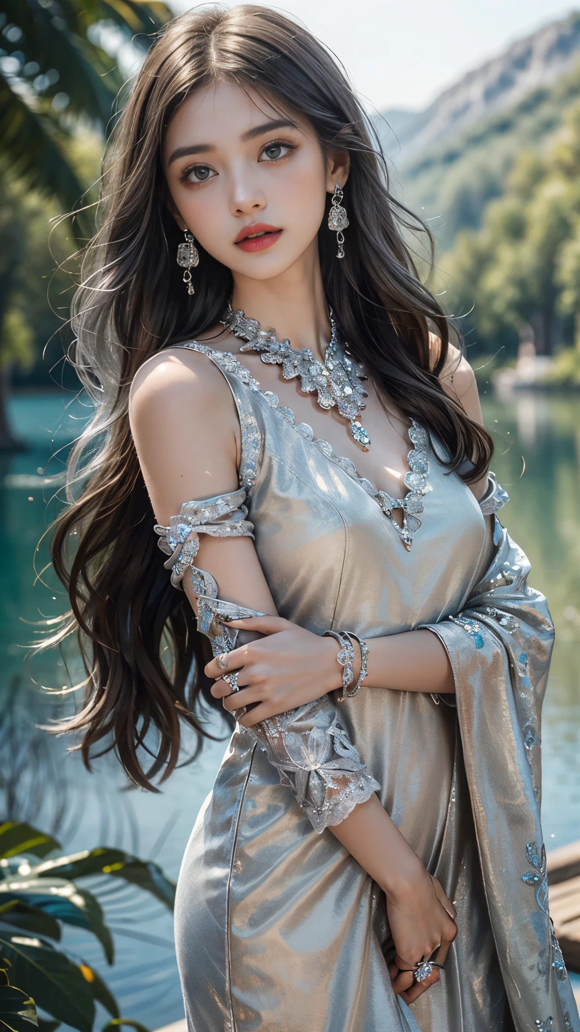 8k, masterpiece, 1 girl, beautiful face, very long hair, light makeup, detailed eyes, detailed lips, small figure, detailed dress, silver dress, (wearing jewellery:1.8), (silver lace:1.4), (loops:1.4) ((lake:1.4)),