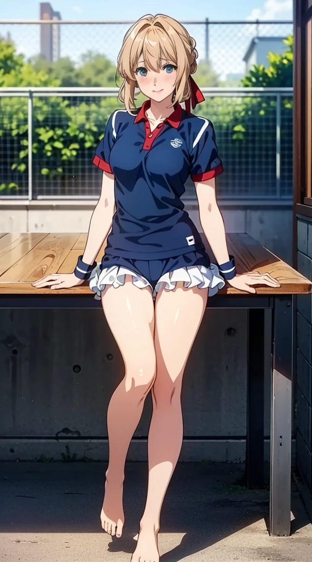 ((table top, highest quality, High resolution, nffsw, perfect pixel, 4K, nffsw, nffsw))),1 girl, violet evergarden,table top, highest quality, blonde hair, blue eyes, hair between eyes, looking at the viewer, full body shot、ribbon、 ((gentle smile, blush:1.2)), ((smooth texture:0.75, realistic texture:0.65, realistic:1.1, Anime CG style)), medium breasts, ((full body shot))、 slender body, (White short-sleeved gym clothes with navy blue cuffs)、((Navy high-leg bloomers))、(volleyball uniform)、((barefoot))、dark blue socks、big smile、school building、ground、schoolyard、sexy pose