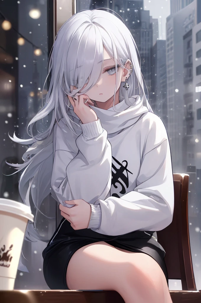 ((masterpiece:1.4, best quality:1.2)), 1girl, solo focus, beautiful skin, white sweatshirt, long white hair, grey eyes, sitting, earrings, piercing, coffee shop window, night, snowing, cityscape, tall female, beautiful and delicate female, comfy ambience, {correct posing}, {detailed background}, a miniskirt, hair over one eye