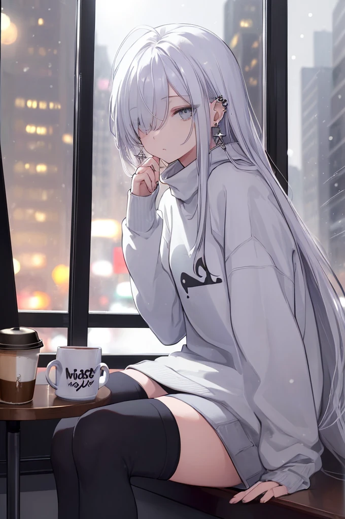 ((masterpiece:1.4, best quality:1.2)), 1girl, solo focus, beautiful skin, white sweatshirt, long white hair, grey eyes, sitting, earrings, piercing, coffee shop window, night, snowing, cityscape, tall female, beautiful and delicate female, comfy ambience, {correct posing}, {detailed background}, a miniskirt, hair over one eye