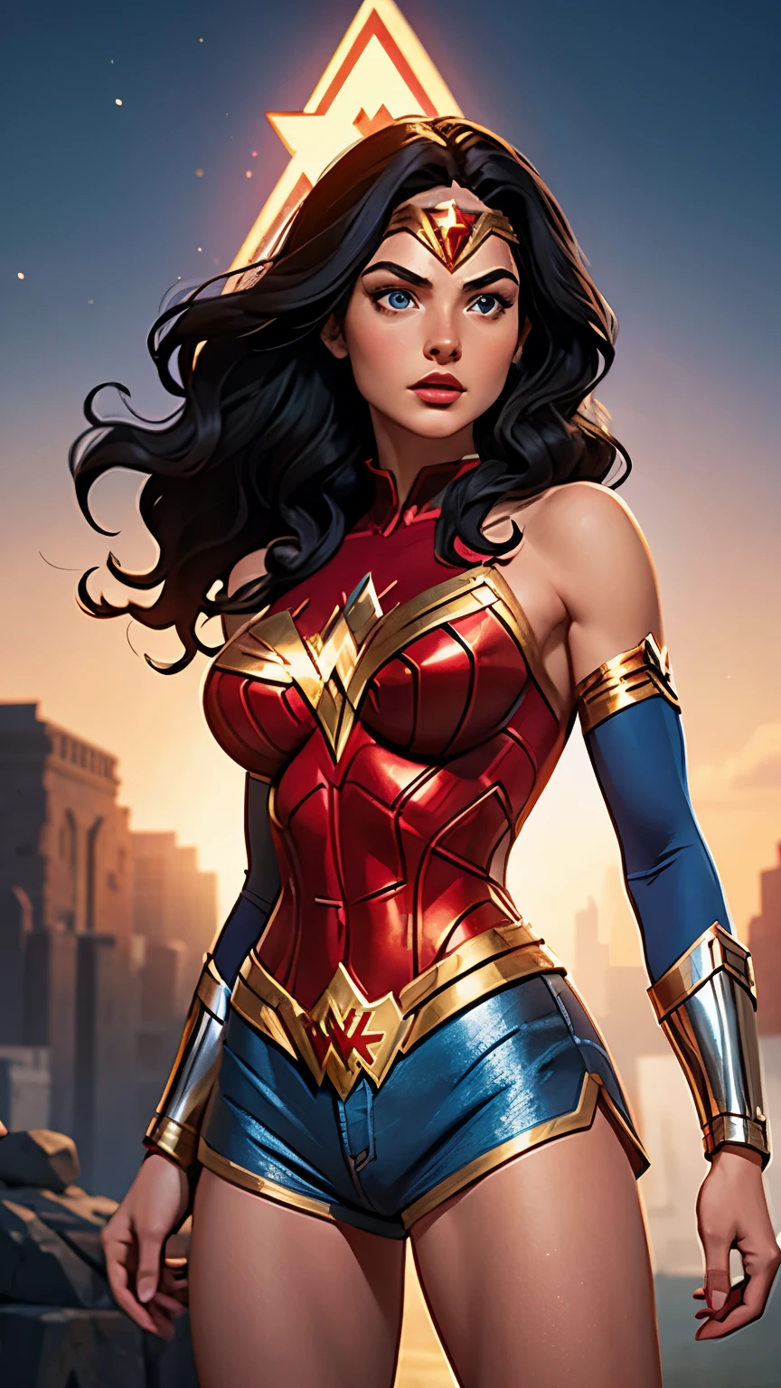 Woman, white skin, black hair, wavy hair, long hair, athletic body, reflective blue shorts, blue eyes, wonder woman style star shorts, short shorts,  shorts, metallic red top, low cut, Wonder Woman bib, silver bracelets , golden tiara with red star, serious look, look at the camera, red lips, red boots, heroic pose, , frontal shot.