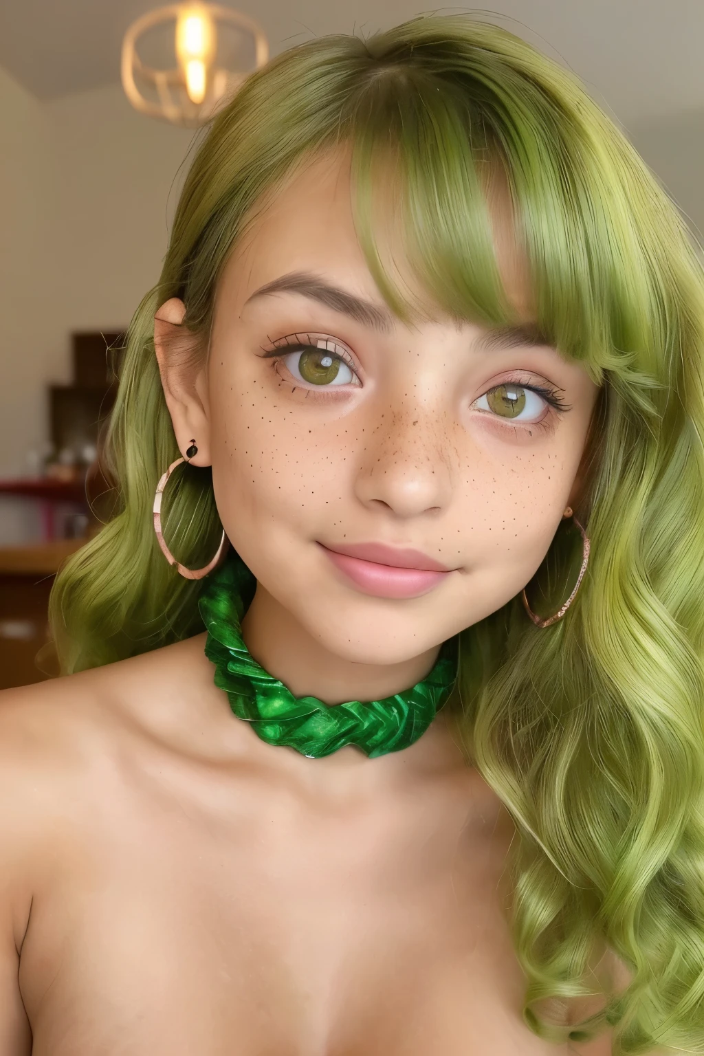 YouTuber girl, ((one adorable and stunningly beautiful green-curled haired girl)),
((short stature with compact breasts:1.4)),
((green curly hair:1.35, wavy and luscious, with vibrant inner hues, curly bangs framing her face, feminine earrings highlighting her ear lobes))),
((enchanting emerald eyes:1.3, expressive, detailed, and symmetrical, with intriguing inner depths and seductive glimmers)),
((glowing complexion:1.5, flawlessly tanned, radiating an air of vitality and youth, with delicate freckles