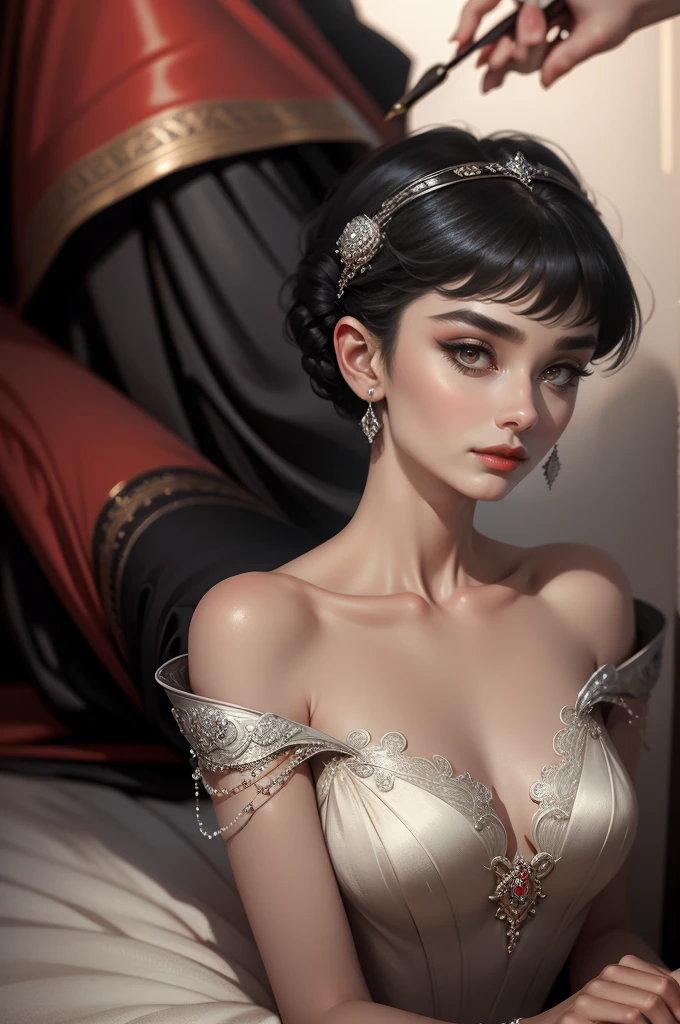 (Masterpiece - Ultra-Detailed, High Resolution) Prepare to be enchanted by a true masterpiece that combines ultra-detailed art with high-resolution rendering. This work shows a mesmerizing woman, with short, black hair, 1928s style, Audrey Hepburn (1.3) and captivating dark brown eyes (1.2), New York illustration style, wearing red lipstick, emanating an aura of elegance and mystery. Wearing classic victorian dress 1928s clothing. Intricate details and realistic textures invite you to explore every aspect of this enchanting composition. Black dress. reading, writing, walking, backwards, lying down, standing, dynamic poses, mouth closed. Different posture , dynamic poses, mouth closed. Different posture, with chin resting on shoulder. Get ready to dive into a world where beauty and craftsmanship merge perfectly.