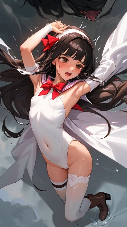 {{{{amazing quality, great quality, high quality, very aesthetic, aesthetic, best quality}}}},
realistic, photo, shadow, Three-dimensional, absurdres, Digital art,
{{{{Magical girl}}}}, beautiful girl, one girl,
black hair, long straight hair, hair, trimmed hair, shiny hair, blunt bangs, short sideburns,
brown eyes, tareme,
{{flat chest}}, {{small breasts}}, {{detailed body}}, slim thighs, thin thighs,
{{white leotard}, {leotard peek}}, {{pink sailor collar}}, {{pink elbow_gloves}}, {{red boots}},
ribbon trim, red bow tie, heart brooch, thigh strap, white headband, white circlet, white cloak,
{{both shoulders expose}}, {{covered navel}},
{{magic circle}}, troubled face, defeat, distress, resistance, absurdres, sexual pleasure, shy, orgasm, sensitive body, trembling, Sweat, disheveled hair, Multiple enemies attack the girl, {torn clothes}, {wet clothes}, {melted clothes}, {transparent clothes}, {damaged clothes}, half-naked, {Multiple enemies tears the girl's clothes}, {Multiple enemies wets the girl's clothes}, {Multiple enemies melts the girl's clothes}, {Multiple enemies takes off the girl's clothes}, {Multiple hands attack the girl}, Multiple hands rub the girl, Multiple hands fuck the girl, Multiple monsters caress a girl's breasts, Multiple monsters caress a girl's crotch, Multiple monsters lick the girl's body, Multiple monsters lick a girl's armpits,Multiple monsters lick girl's nipples, Multiple monsters lick a girl's crotch, cloudy liquid, A girl is immersed up to her waist in cloudy liquid, A girl is immersed up to her shoulders in cloudy liquid, A girl is covered in cloudy liquid,