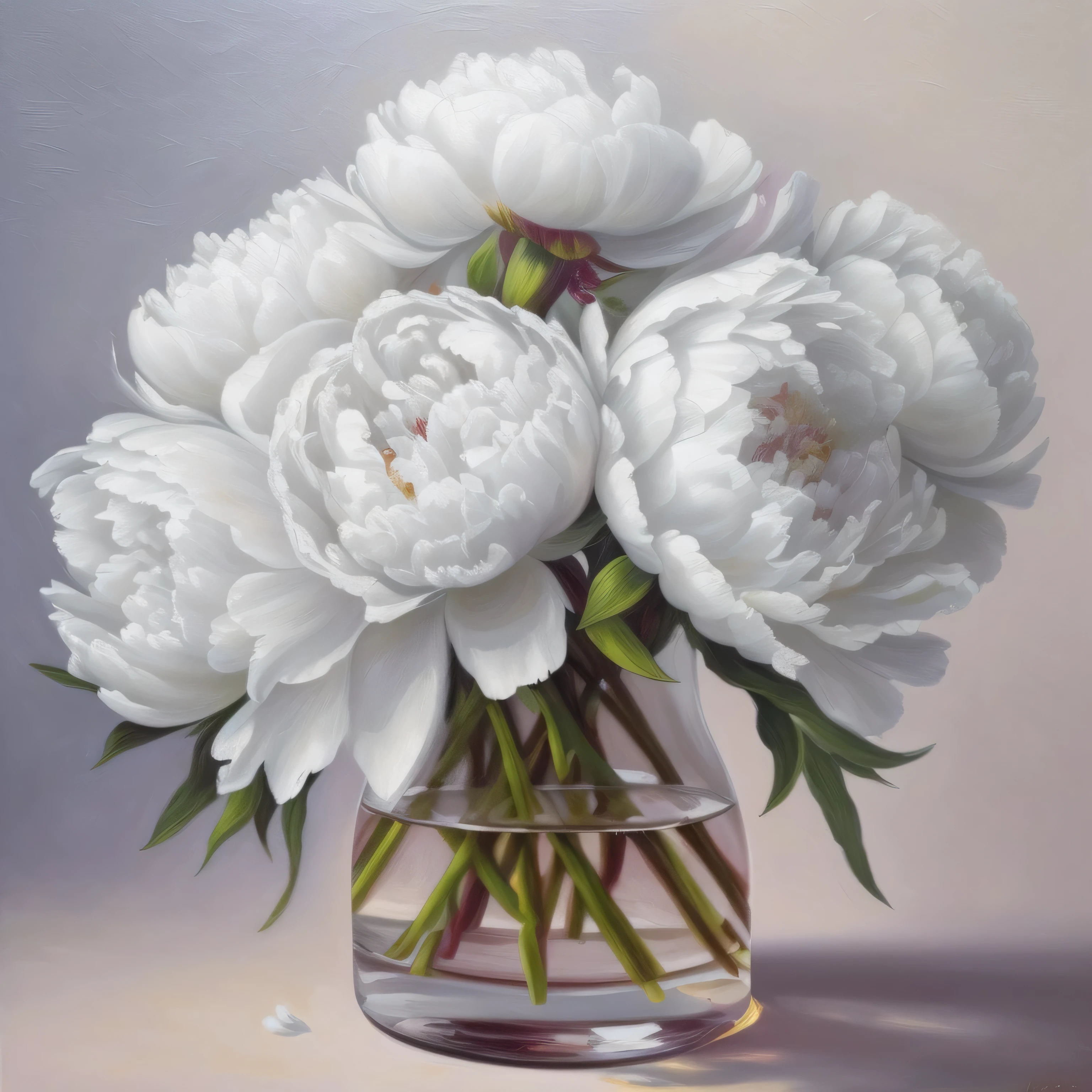 painting of a vase of white flowers in a glass vase, peonies, in a oil painting style, elegant digital painting, realistic flowers oil painting, oil painting style, in style of photorealism artist, a painting of white silver, by Igor Grabar, peony flowers, elegant oil painting, digital oil painting, highly detailed oil on canvas, peony