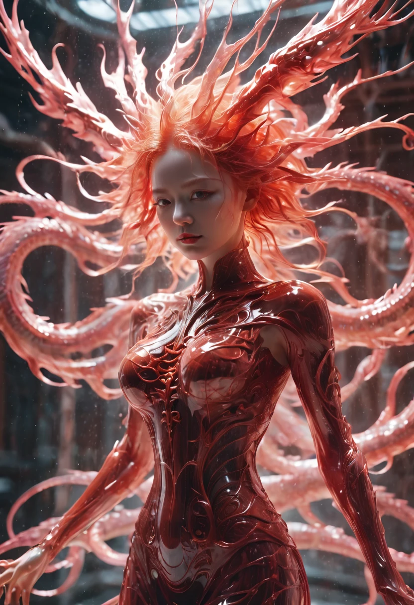 cinematic photo Hyperrealistic art RAW candid close up photo of girl who is covered clear depths clouded with swirling networks of crimson ais vessels an ethereal organism , holographic color, waterdrops, divine (dragon:2 girl:0.3, ginger:0.5 biomorph), glass skeleton, skinless:3, biomechanical details, (empty background), natural lighting, style of h. r. giger, (sharp focus, hyper detailed, highly intricate), . Extremely high-resolution details, photographic, realism pushed to extreme, fine texture, incredibly lifelike,35mm photograph, film, bokeh, professional, 4k, highly detailed