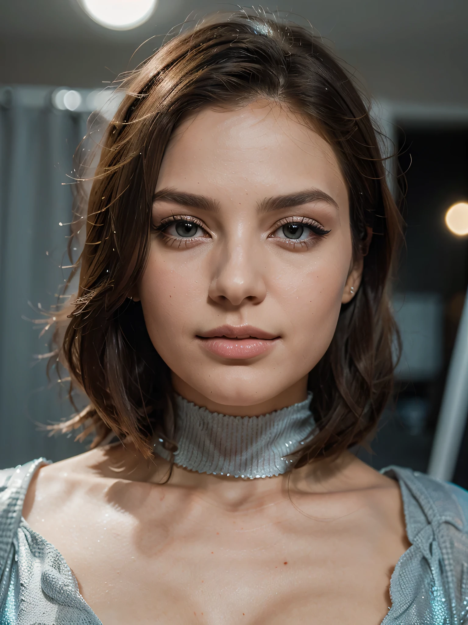 visage gros plan, Femme souriante avec du maquillage, rouge à lèvres, mascara, mannequin, studio de photographie, fond rose clair saturé, Photoréalisme
