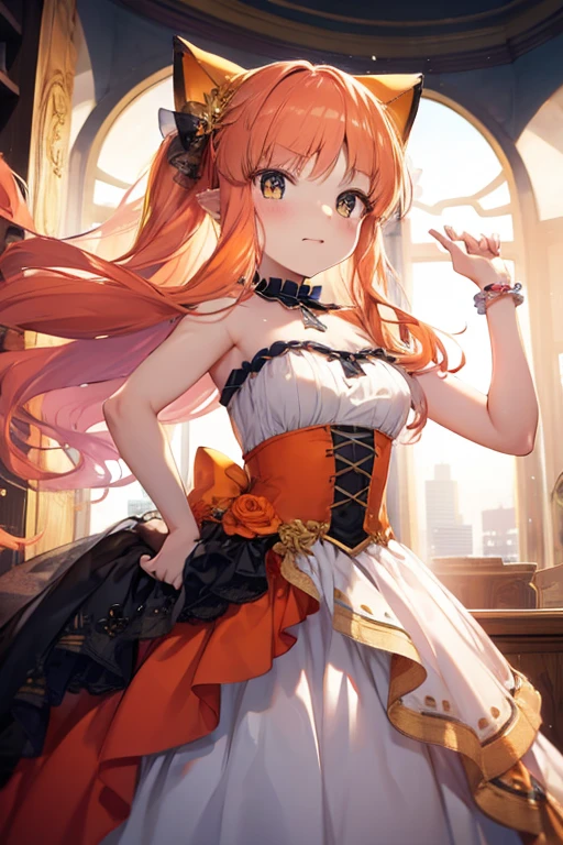 An orange haired girl with copper eyes and orange fox ears and an orange fox tail is wearing a ballgown in a party