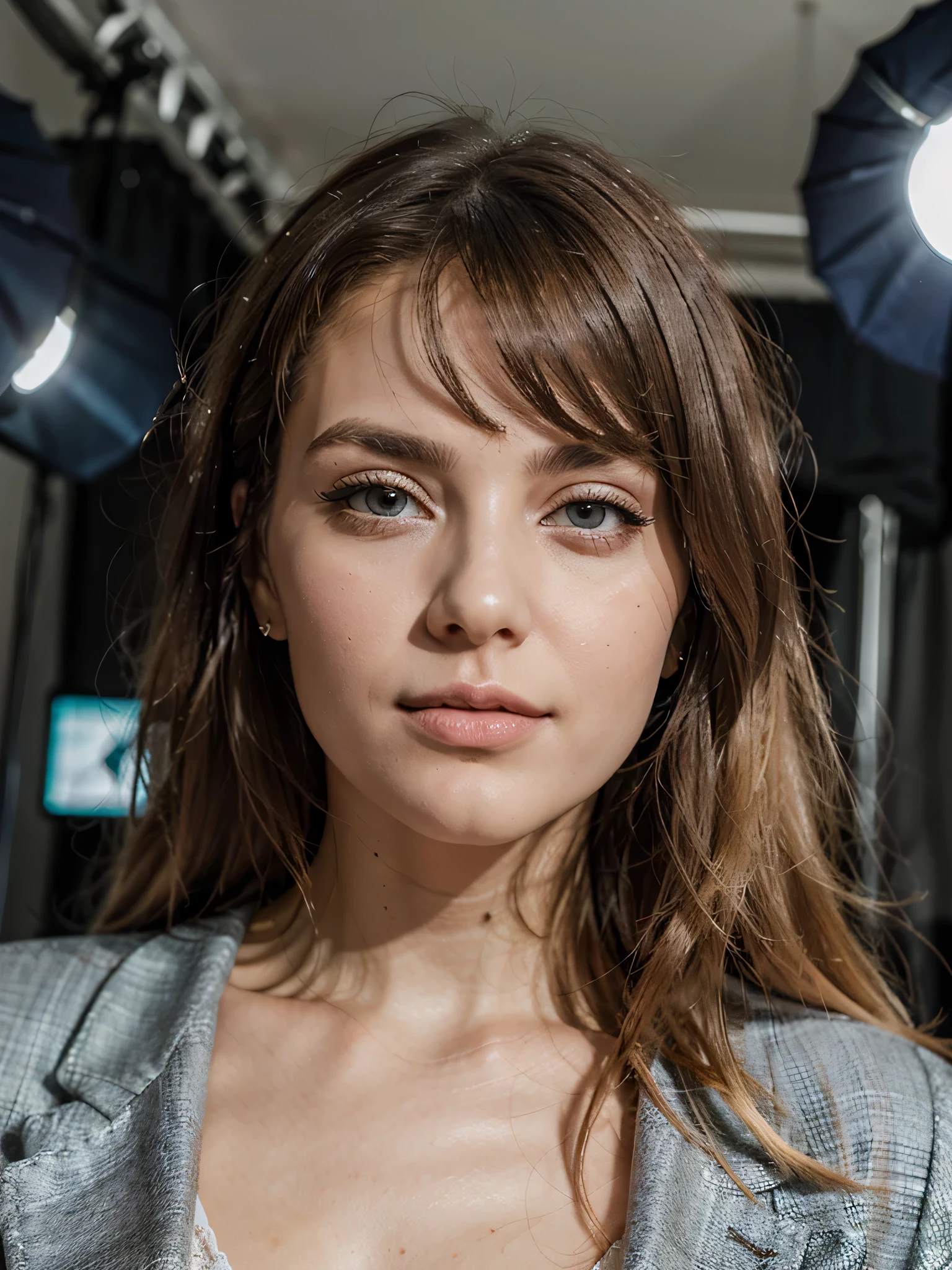 Modelo de glamour escandinavo de 30 anos, com olhos detalhados, long eyelashes, soft head, seios grandes, cintura fina, cabelo longo, blonde hair in a chic photo studio, our digital influencer participates in a fashion photo shoot. Vestindo um conjunto deslumbrante em tons de azul celeste, She captures the camera's attention with graceful poses, revealing the perfect harmony between her captivating expression and the elegance of her clothes