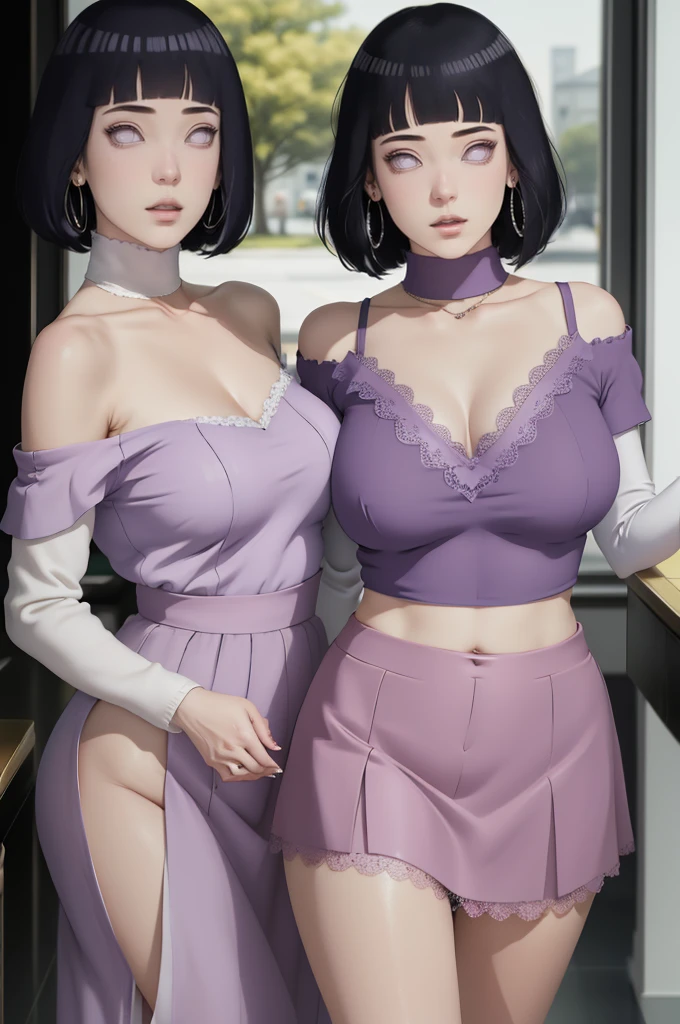 (masterpiece) (huge titusty, masterpiece, absurdres, hinata\(boruto\), 1girl, solo,mature female, off-shoulder bra, high waist short skirt, looking at viewelling petals), perfect composition, detailed lips, big breast, beautiful face, body propotion, blush, (pink lips), short hair, purple eyes, soft gaze, super realistic, detailed, photoshoot, realistic face and body, dancing lightly, lilac eyes, full body, lace clothes, close mouth, with large hoop earrings