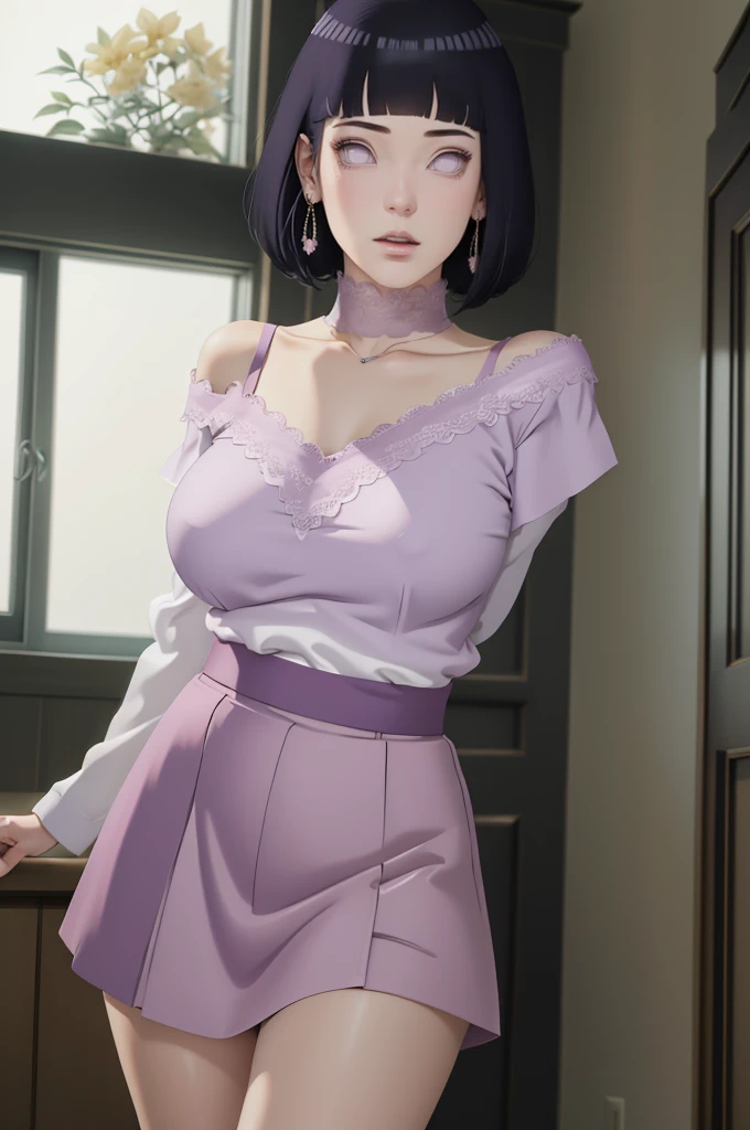 (masterpiece) (huge titusty, masterpiece, absurdres, hinata\(boruto\), 1girl, solo,mature female, off-shoulder bra, high waist short skirt, looking at viewelling petals), perfect composition, detailed lips, big breast, beautiful face, body propotion, blush, (pink lips), short hair, purple eyes, soft gaze, super realistic, detailed, photoshoot, realistic face and body, dancing lightly, lilac eyes, full body, lace clothes, close mouth, with large hoop earrings