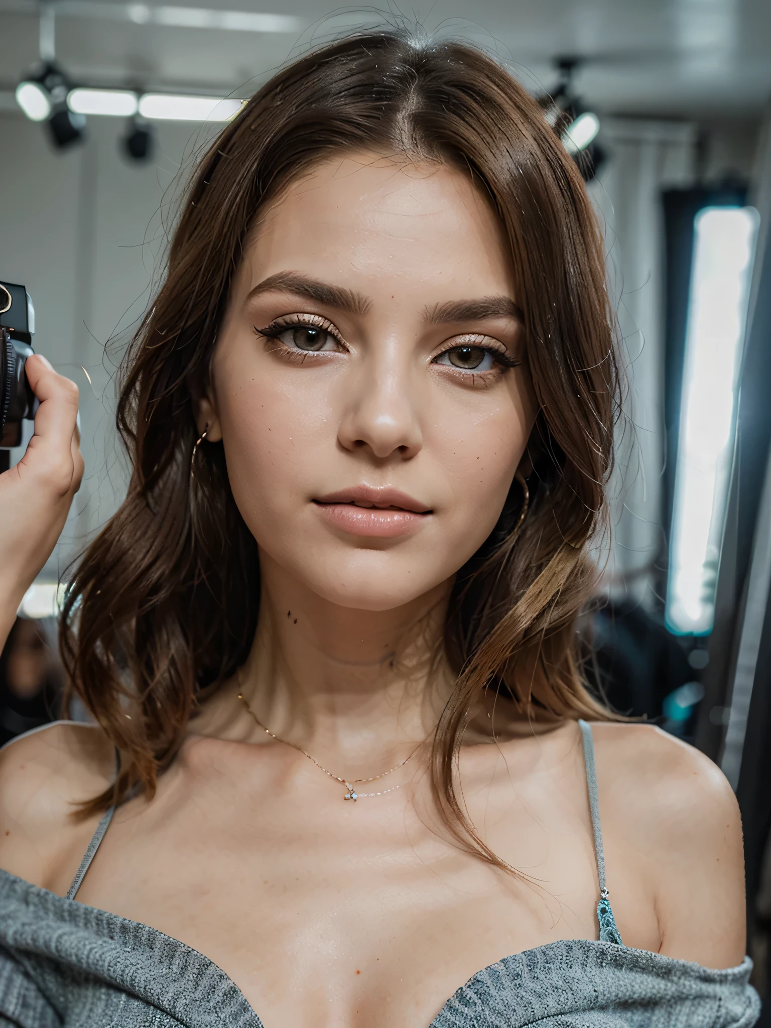 Modelo de glamour escandinavo de 30 anos, com olhos detalhados, long eyelashes, soft head, seios grandes, cintura fina, cabelo longo, blonde hair in a chic photo studio, our digital influencer participates in a fashion photo shoot. Vestindo um conjunto deslumbrante em tons de azul celeste, She captures the camera's attention with graceful poses, revealing the perfect harmony between her captivating expression and the elegance of her clothes
