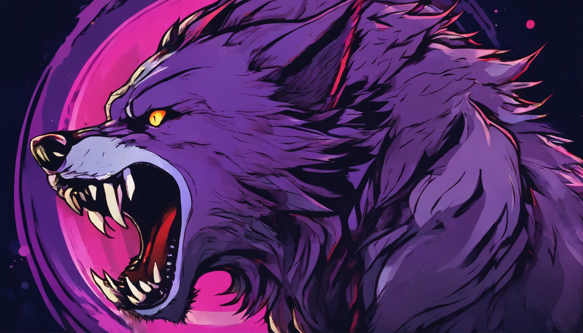 Demon Wolf、Black fur、Purple glowing eyes、Sharp fangs and claws、Drooling from the mouth