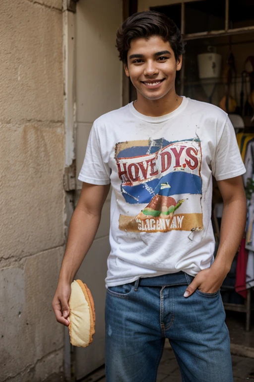an 18 year old Brazilian man is proud of his old and dirty clothes, a big smile on your face while holding a delicious hot dog in your hand.