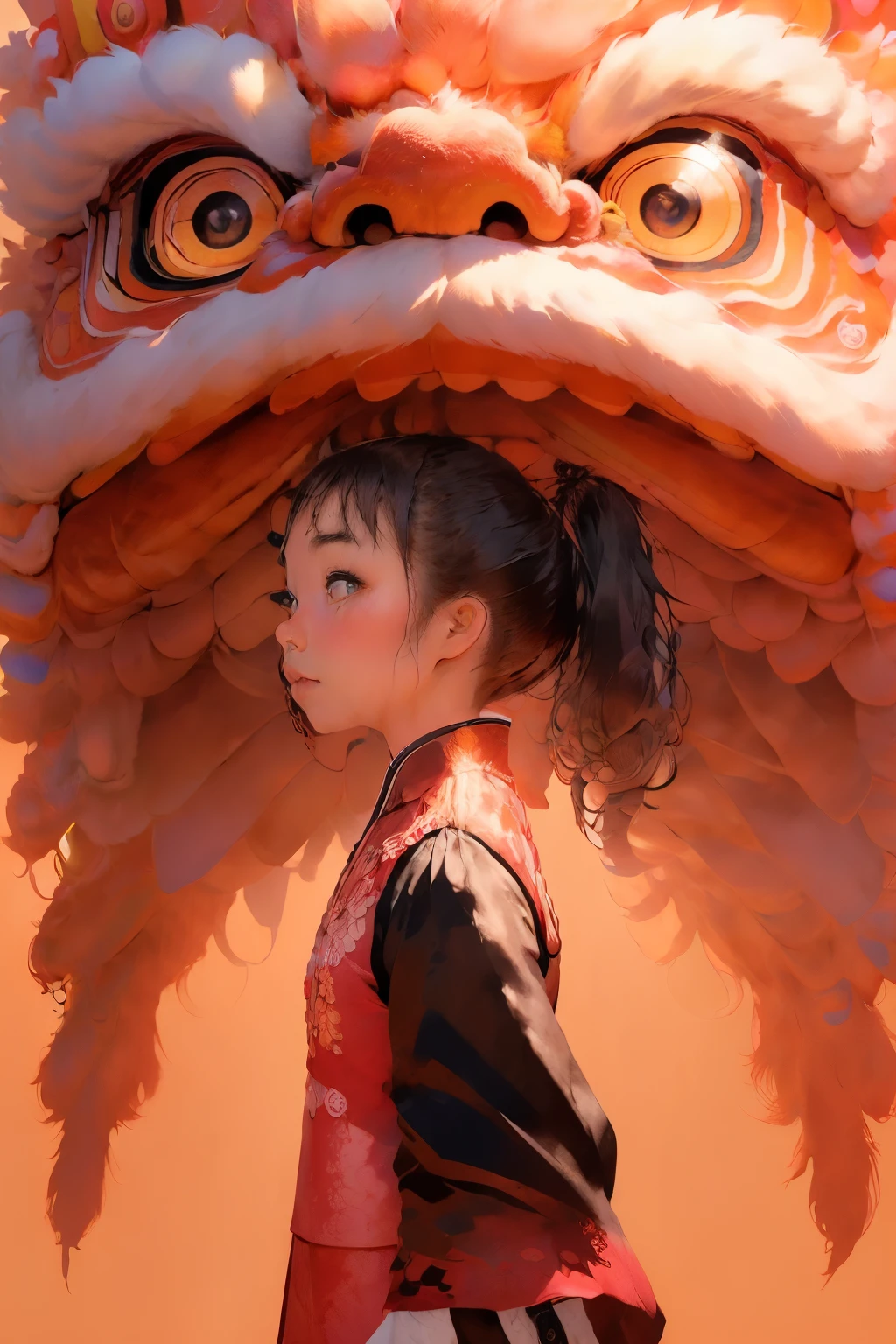 China-style，Lion dance girl，highly detailed surreal vfx，Smudge，Faraway view，super-fine，ultra - detailed，high qulity，8K ，oc rendered，dynamic viewing angle