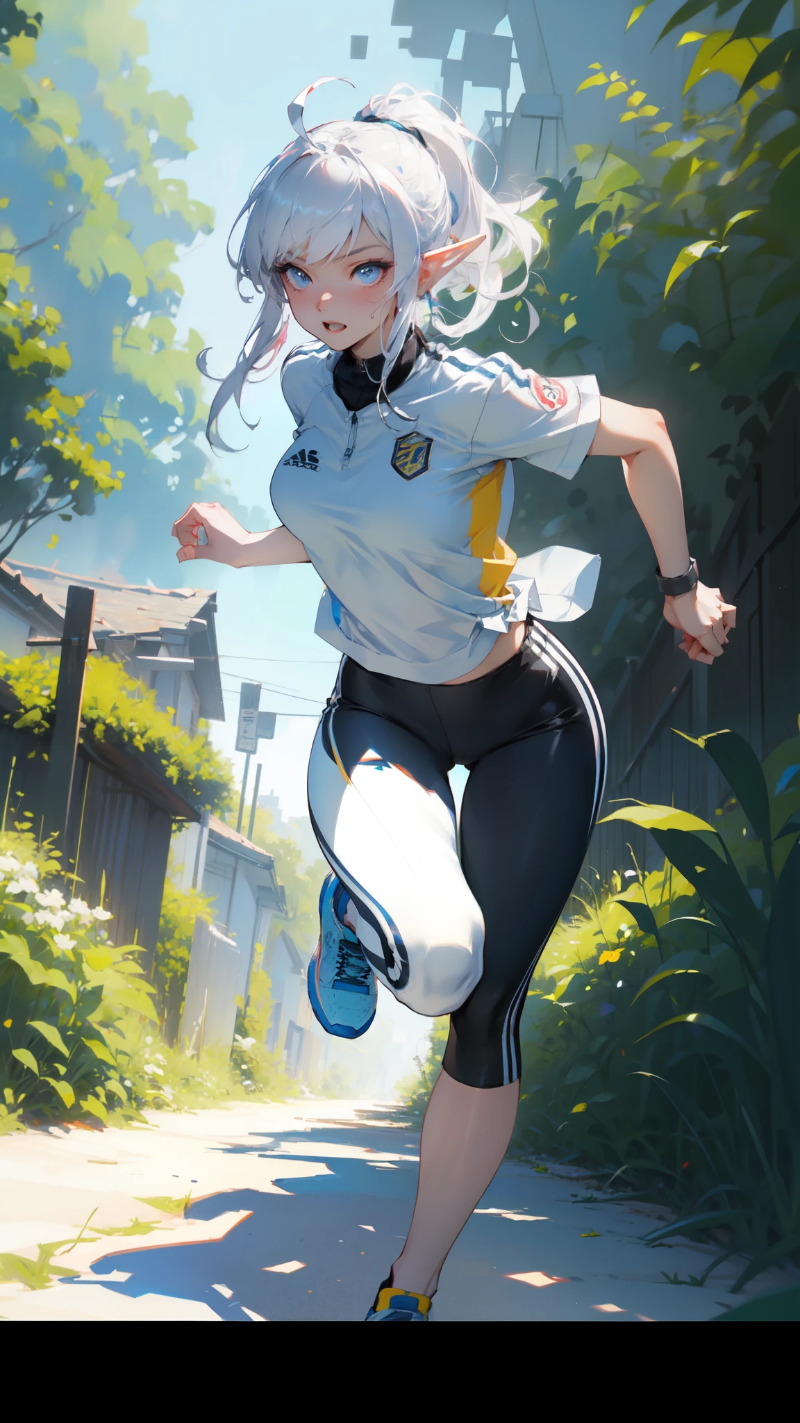 [[realistic shadow]], (Ray tracing), (Best lighting), (Depth of field:1.2), (Warm), (cg art), ((masterpiece)), (top quality), (best quality), ((ultra-detailed, 8k quality)), Aesthetics, Cinematic lighting, soft semi-backlit light, (detailed line art), absurdres, (best composition), (high-resolution),
BREAK,
beautiful of ((elf girl)), Runners, (White and black lined Jersey), sports leggings, sneakers, Beautiful scene, detailed background, Sunbeam, Running toward viewer in the park, [[motion speed effect]], [blurry], dynamic pose, [intense angle], Tree-lined avenue, lot of woods, lot of people running, sweating, atmospheric perspective, cinematic dramatic atmosphere,
BREAK,
highly detailed of (dark elf), (1girl), solo, perfect face, details eye, ahoge, French braids, long sideburns, ponytail, (white shining hair), (hime cut bangs), medium hair, (blue eyes), shining eyes, (beautiful detailed eyelashes, eyeshadow, pink eyeshadow), Smiling, Concept art by Mikimoto Haruhiko, by Kawacy, By Yoshitaka Amano,
BREAK, 
((perfect anatomy)), perfect body, Abs, (medium breast), perfect hands, perfect face, beautiful face, beautiful eyes, perfect eyes, (perfect fingers, deatailed fingers), correct anatomy, perfect legs, 