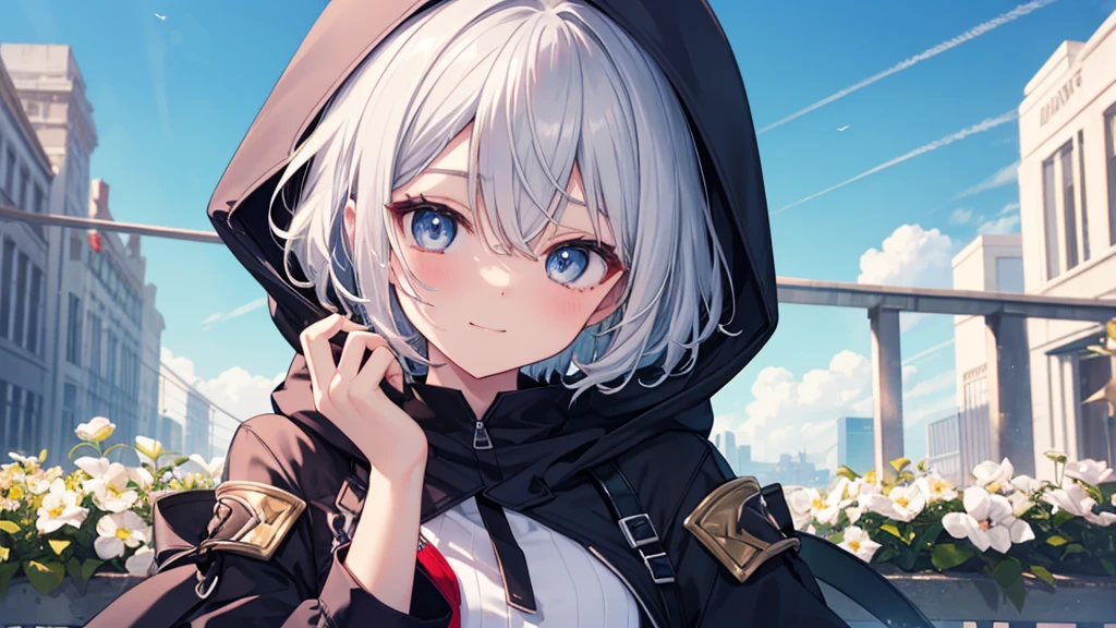super high quality, with a girl, 20-year-old, very short hair, long bangs between the eyes, gray eyes , blue sky, sunlight, very detailed,(masterpiece、highest quality)、alone、gray hair、laughter、fantasy, silver hair, black eye, beautiful eyes,, ???????, charm, be smitten with audience, fantasyな風景、Princess、wearing a hood、white shirt