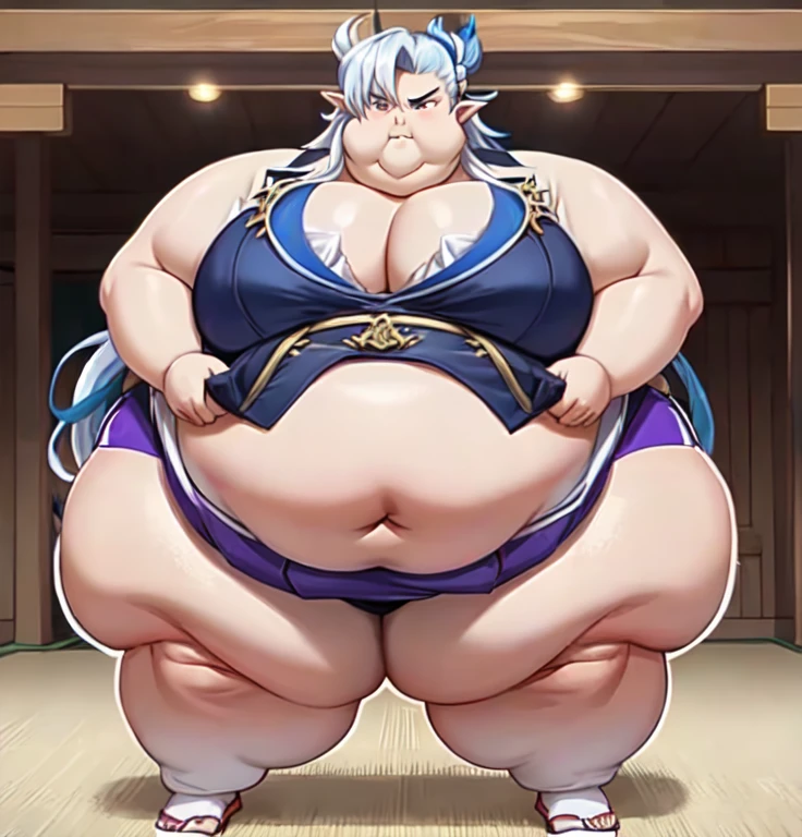 ((1 male)) Solo ,Neuvillette as a Sumo Wrestler , long hair Multicolored hair, White and blue hair, hair  Styled in bun,Pointed ears, Morbidly Obese!!!, Background:Arena:1.5, ((Wide Hips)), Thick thighs, ((fat butt )), huge belly!!, ((Frowning ))