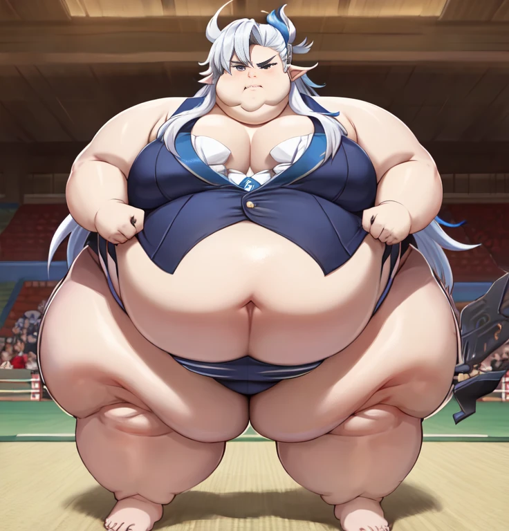 ((1 male)) Solo ,Neuvillette as a Sumo Wrestler , long hair Multicolored hair, White and blue hair, hair  Styled in bun,Pointed ears, Morbidly Obese!!!, Background:Arena:1.5, ((Wide Hips)), Thick thighs, ((fat butt )), huge belly!!, ((Frowning ))