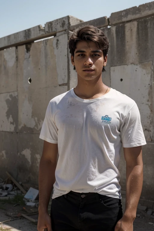 Um jovem homem brasileiro, de 18 anos, is in front of a ruined building, com as roupas esfarrapadas e sujas. O sol bate em sua pele morena, casting shadows on your face and highlighting the stains on your shirt. Ele parece cansado e desgastado, But there&#39;s a determination in your eyes that can&#39;t be ignored.