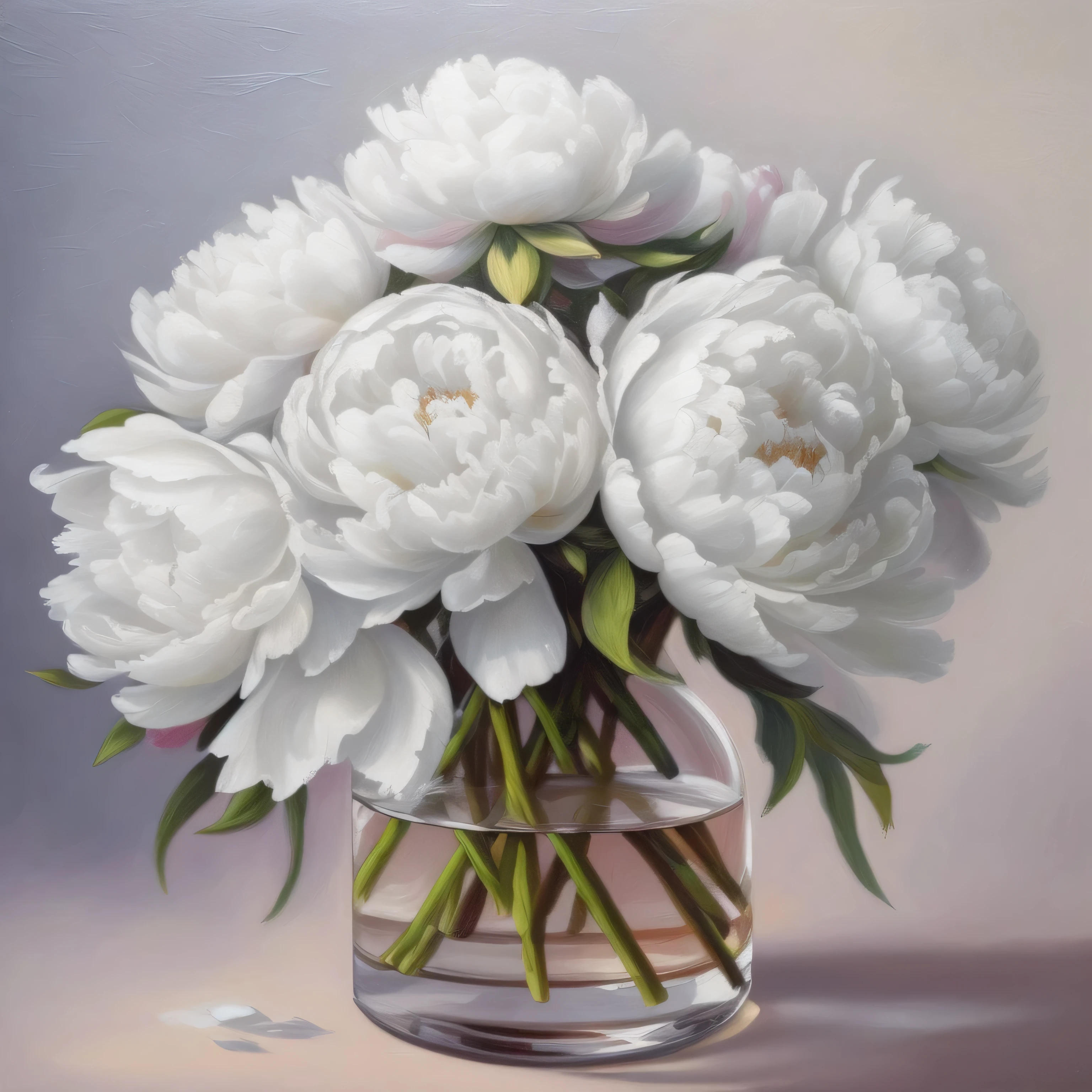 painting of a vase of white flowers in a glass vase, peonies, in a oil painting style, elegant digital painting, realistic flowers oil painting, oil painting style, in style of photorealism artist, a painting of white silver, by Igor Grabar, peony flowers, elegant oil painting, digital oil painting, highly detailed oil on canvas, peony