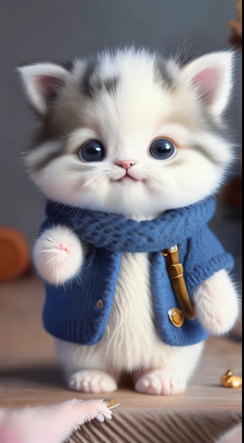 kitten in clothes, miniature kitten, Animal focus, bearded, realistic, POV Hand, ambiguous background,smile,interesting、