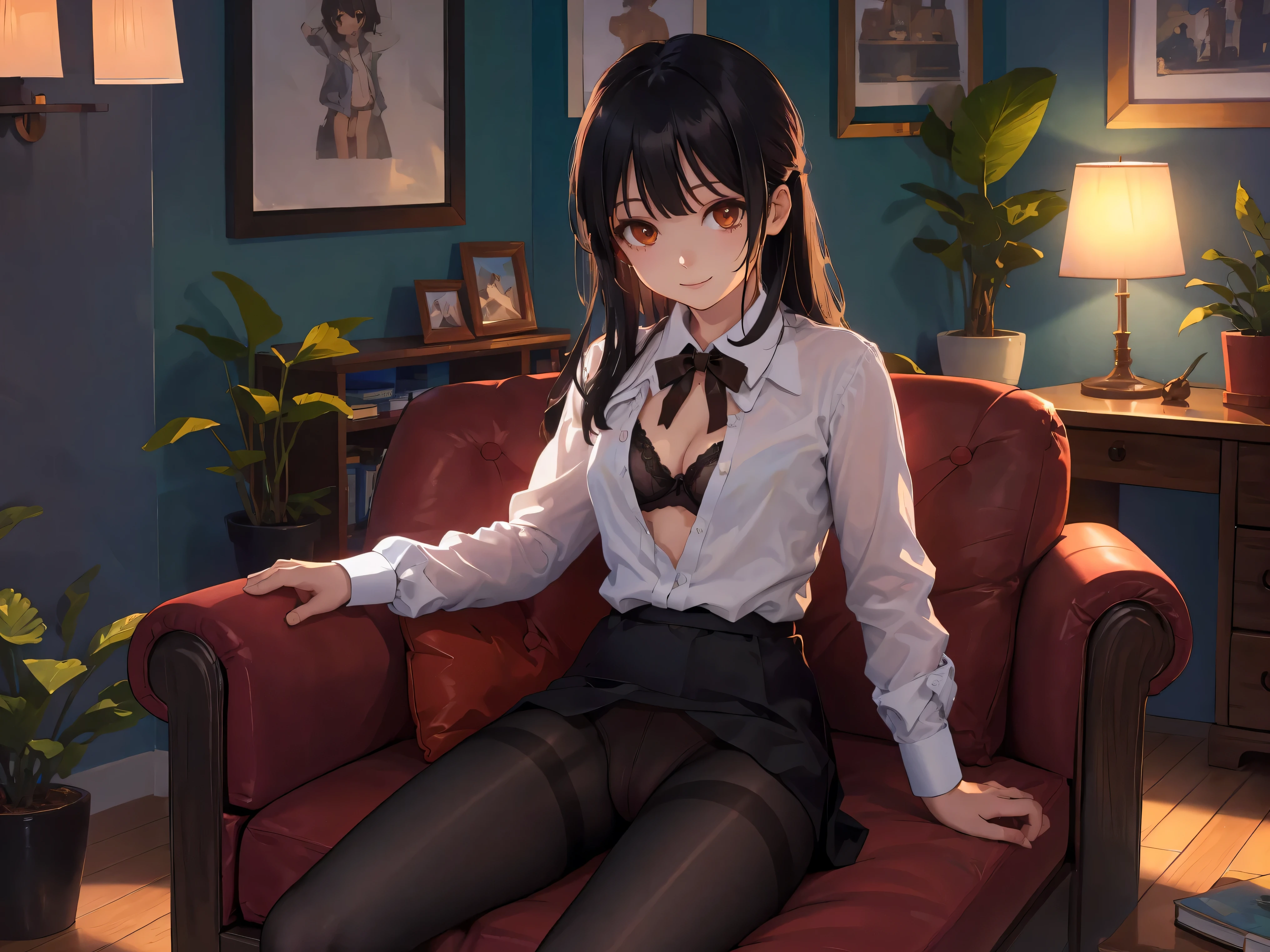 (cowboy shooting:1.3),(最OK质量), ((masterpiece)), (high resolution), illustration, The original, Very detailed,Debger,1 girl, (Miyu Edelfeldt),Change,camel toe,black hair,brown eyes,Poker , pantyhose, long hair, shirt, no shoes, legs crossed, sitting, Cat, plant, brown eyes, alone, underwear, indoors, bow, Bookshelf, potted plant, OK, breast, bowtie, white shirt, looking at the audience, black hair, black pantyhose, Chair, Smile, wooden floor, dress shirt, no pants, thighband pantyhose, armChair, lamp, long sleeves, spark, black OK, collared shirt, split, Bangs, small breasts,bench,