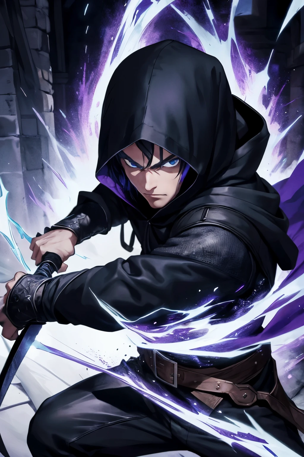 (extremely detailed 8k wallpaper), a medium shot of a fearful rogue, male, male focus, black hair, blue eyes, black clothing, hooded, medieval, intricate, high detail, with a shadow blade in his hand with purple fire