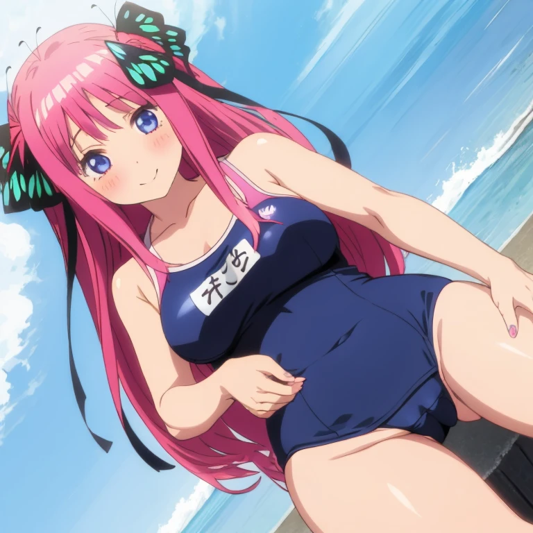 masterpiece, best quality, ultra detailed, best illustration, nsfw, 1girl, one-piece swimsuit, nakano nino, pink hair, butterfly hair ornament, おっぱい