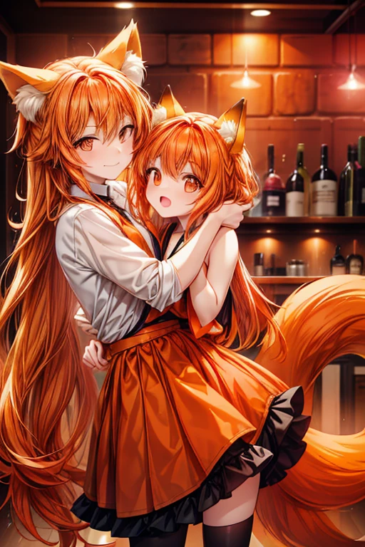 An orange haired woman with copper eyes and orange fox ears and an orange fox tail is dancing with an orange haired man with orange eyes and orange fox ears and an orange fox tail at a bar