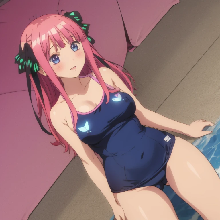 masterpiece, best quality, ultra detailed, best illustration, nsfw, 1girl, one-piece swimsuit, nakano nino, pink hair, butterfly hair ornament, おっぱい