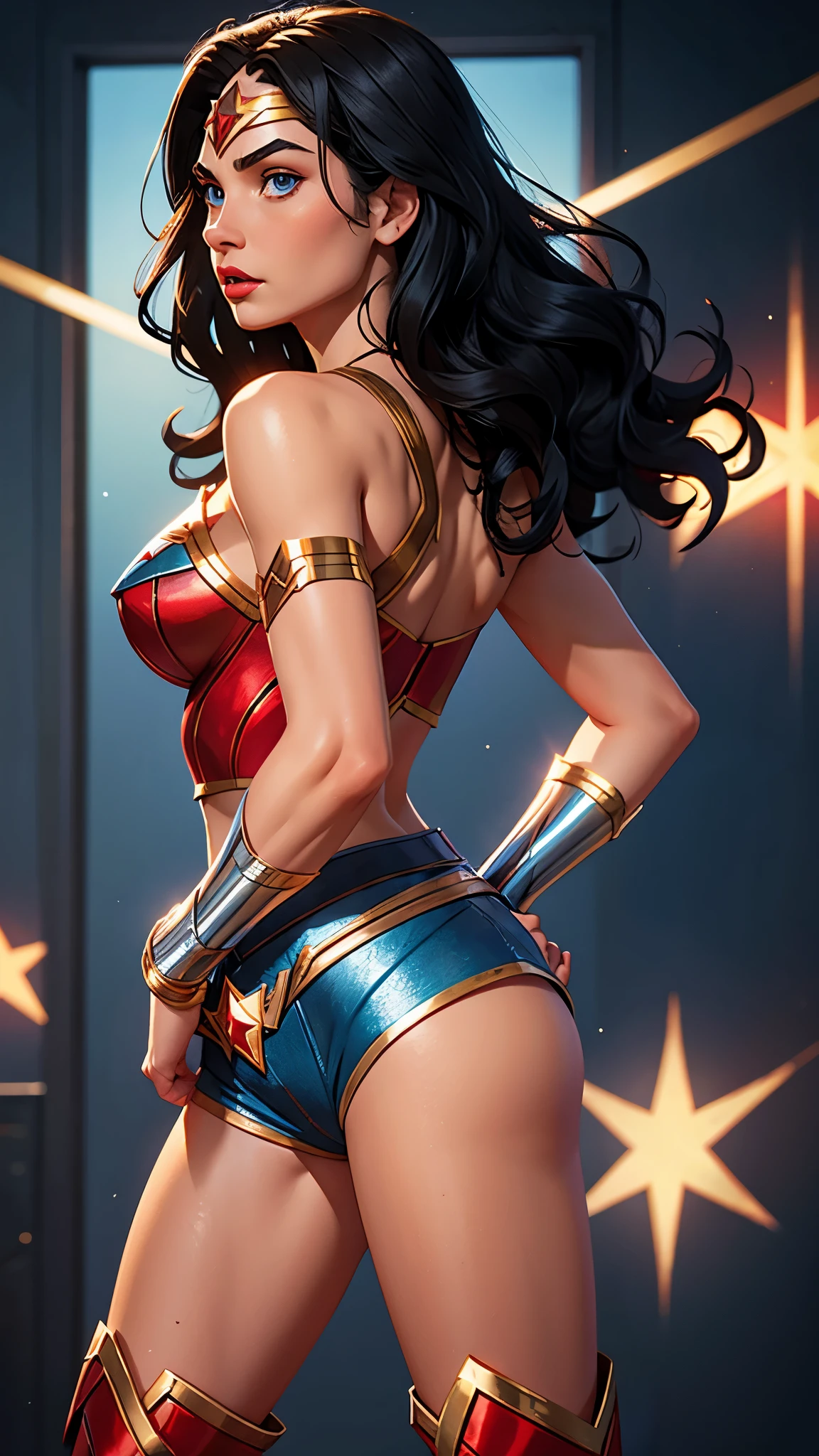 Woman, white skin, black hair, wavy hair, long hair, athletic body, reflective blue shorts, blue eyes, wonder woman style star shorts, short shorts, sexy shorts, metallic red top, low cut, Wonder Woman bib, silver bracelets , golden tiara with red star, serious look, look at the camera, red lips, red boots, heroic pose, big breasts, shot from behind.