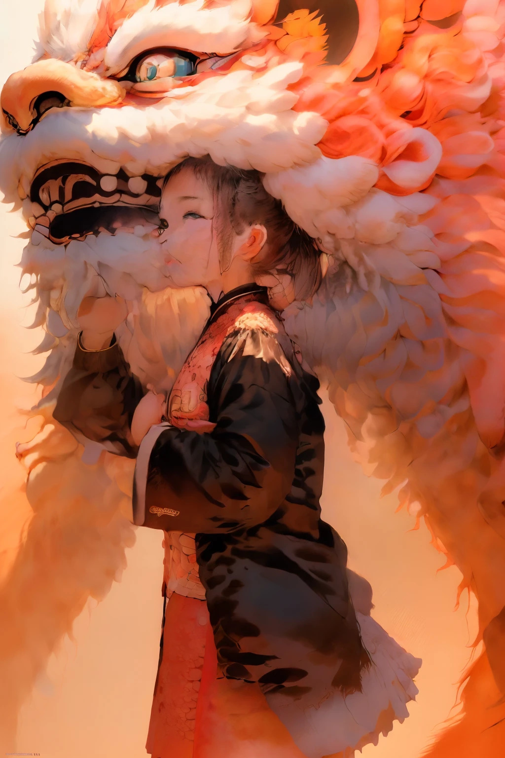 China-style，Lion dance girl，highly detailed surreal vfx，Smudge，Faraway view，super-fine，ultra - detailed，high qulity，8K ，oc rendered，dynamic viewing angle