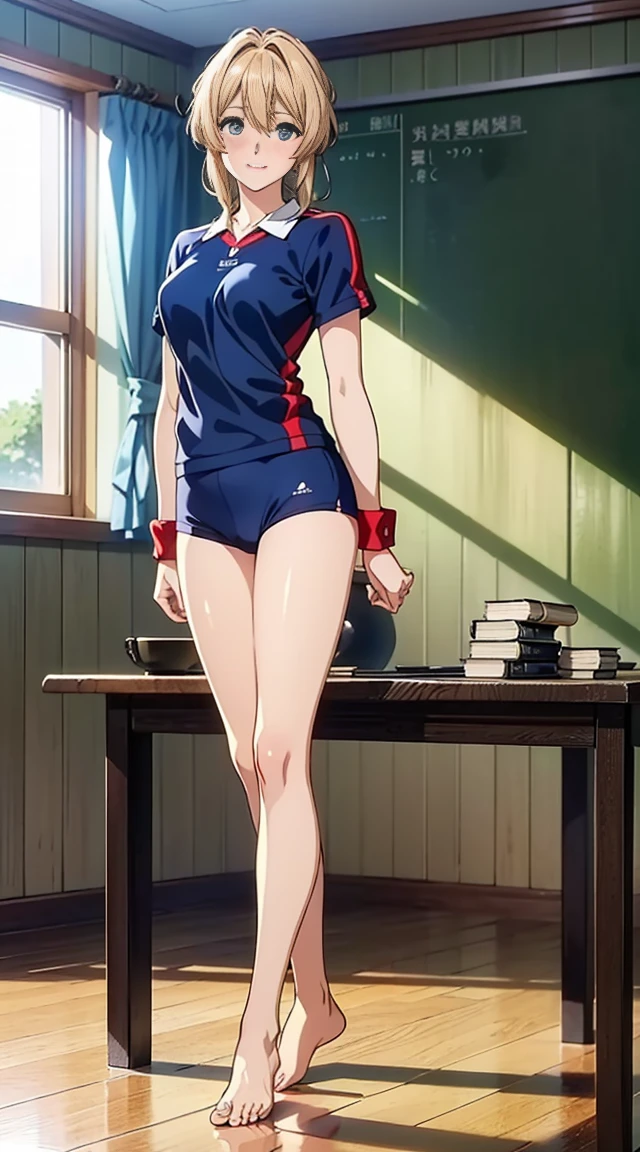 ((table top, highest quality, High resolution, nffsw, perfect pixel,  4K, nffsw, nffsw))),1 girl, violet evergarden,table top, highest quality, blonde hair, blue eyes, hair between eyes, looking at the viewer, full body shot、ribbon、 ((gentle smile, blush:1.2)), ((smooth texture:0.75, realistic texture:0.65, realistic:1.1, Anime CG style)), medium breasts, ((full body shot))、 slender body,  (White short-sleeved gym clothes with navy blue cuffs)、((Navy high-leg bloomers))、(volleyball uniform)、((barefoot))、dark blue socks、big smile、school building、ground、schoolyard、Looking back from the back