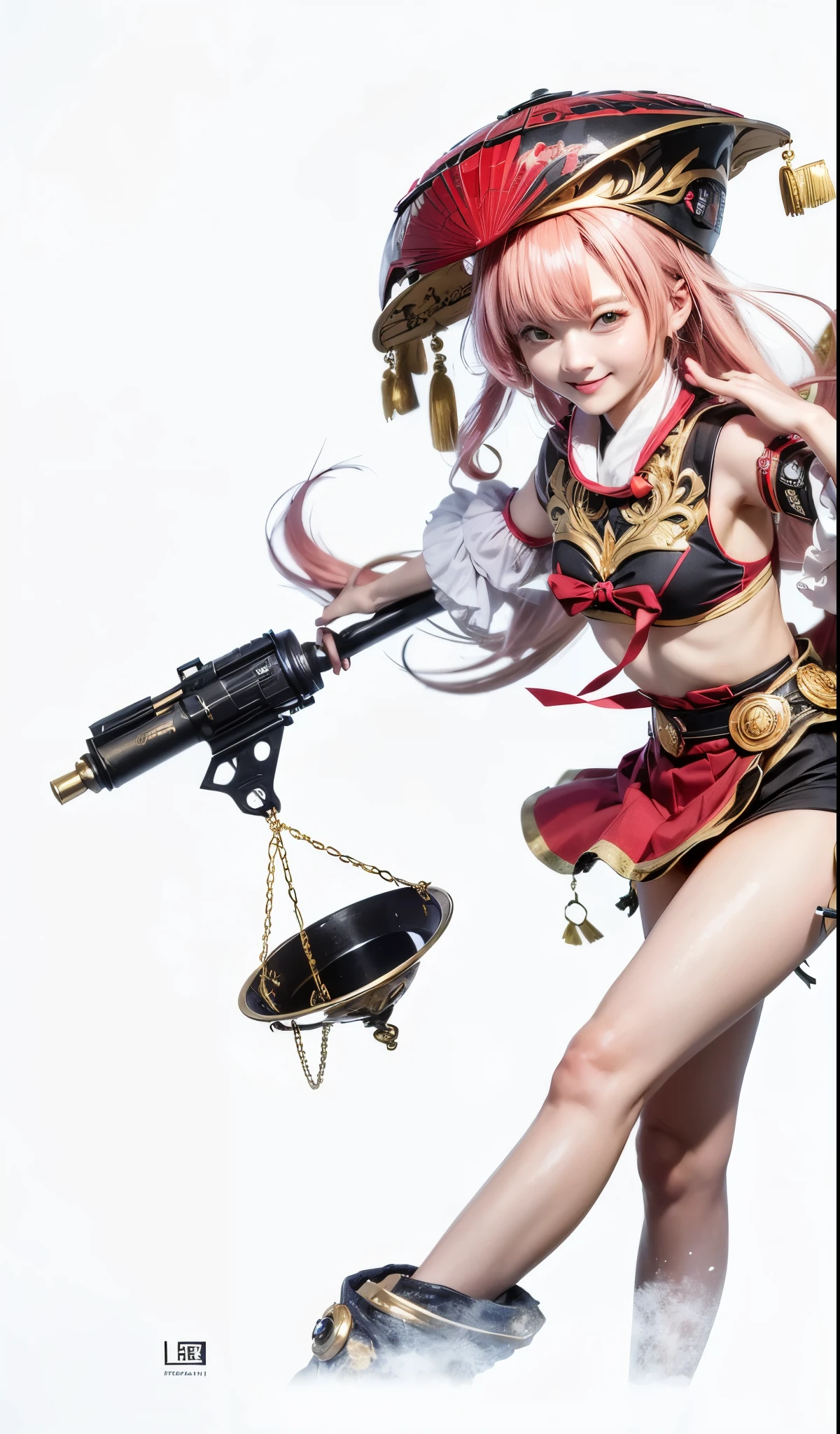 Yanfei, genshin impact, liyue, female, pink hair, busty, green eyes, red white top outer, black top inner, dark black skirt inner, red apron, white arm sleeve, golden scale, naughty smiling