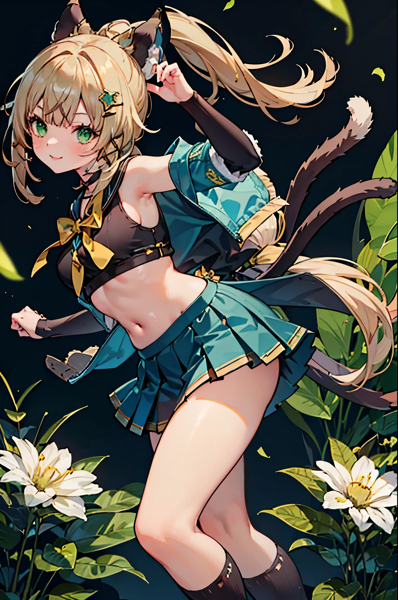 realistic image, coherent image, detailed image, 1 girl, has pale ash blonde hair sticking out in strands and green eyes, Part of her hair is tied in a high ponytail. She wears a brown cat ear type accessory decorated with gold and flowers. Her hair has several yellow and brown hairpins, as well as a flower-shaped clip to the right of her hair. Hers is a delicate oval face, blushing, smiling, she is wearing a crop top, pleated mini skirt, long stockings, sports shoes, medium breasts, curvy body, thick thighs, shy pose, black background, uniform background,