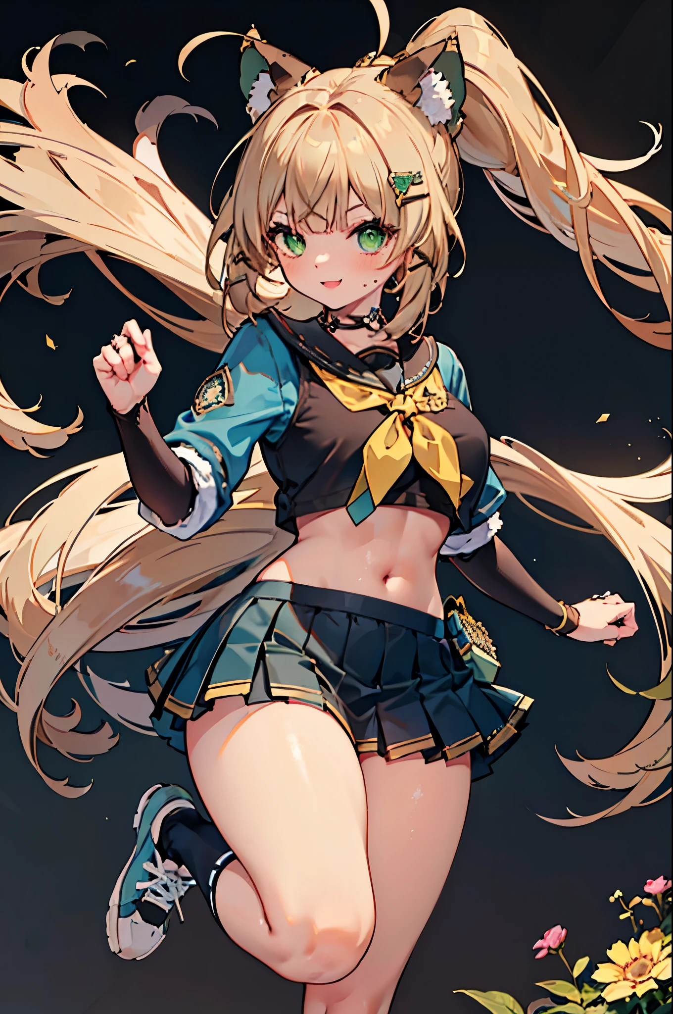 realistic image, coherent image, detailed image, 1 girl, has pale ash blonde hair sticking out in strands and green eyes, Part of her hair is tied in a high ponytail. She wears a brown cat ear type accessory decorated with gold and flowers. Her hair has several yellow and brown hairpins, as well as a flower-shaped clip to the right of her hair. Hers is a delicate oval face, blushing, smiling, she is wearing a crop top, pleated mini skirt, long stockings, sports shoes, medium breasts, curvy body, thick thighs, shy pose, black background, uniform background,