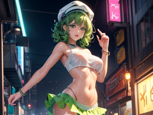 YouTuber girl,(((1 girl))),((extremely cute and beautiful green curly-haired girl)),
(short breasts:1.4),(((green curly hair:1.35,very curly hair,colored inner hair,ear breathing,short hair))),(((green eyes:1.3))),intricate eyes,beautiful eyes detailed,symmetrical eyes,((fat)),(((glossy skin:1.5,glossy skin:1.5,tanned skin,glossy skin,very lustrous skin,glossy body,plastic luster skin,exaggerated lustrous skin,illuminated skin, wet legs))),delicate and detailed fingers,detailed body,human hands,(detailed face),
Cute,slutty,seductive,erotic,(((NSFW))),
zetai ryouiki,revealing clothes,show skin,((rave mini skirt,visible G-string bracelets,loose white cap with pop art print)),((wet clothes,complex clothes,complex clothes)),
(Dynamic Posture:1.0),embarrassed,(centered,size to fit dimensions,rule of thirds),
Cyberpunk city by the ocean at night, with bright neon signs and dark stormy clouds and puddles, setting:1.25,(Ciberpunk:1.4),
Unreal Engine:1.4,Ultra HD,Best Quality:1.4, Photorealistic:1.4, Skin Texture:1.4, Masterpiece:1.8,High Resolution, Sharp Focus, (Ultra Detailed, Extremely Detailed), (Photorealistic Art:1.37) ,(extremely detailed CG unity 8k wallpaper),((synthwave background theme)),(((vibrant colors))),(intricate background),(artwork),(best quality),