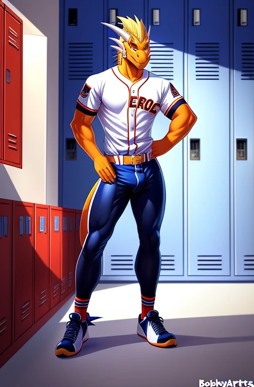 solo, male, orange color dragon, with spike beige hair, muscular body male, wearing a tight baseball uniform, ( white color baseball uniform: 1.1 ), baseball long tight pants, ( white color baseball tight pants: 1.1 ), sports socks, sport shoes, and a detailed bulge, at a locker room, by BobbyArts