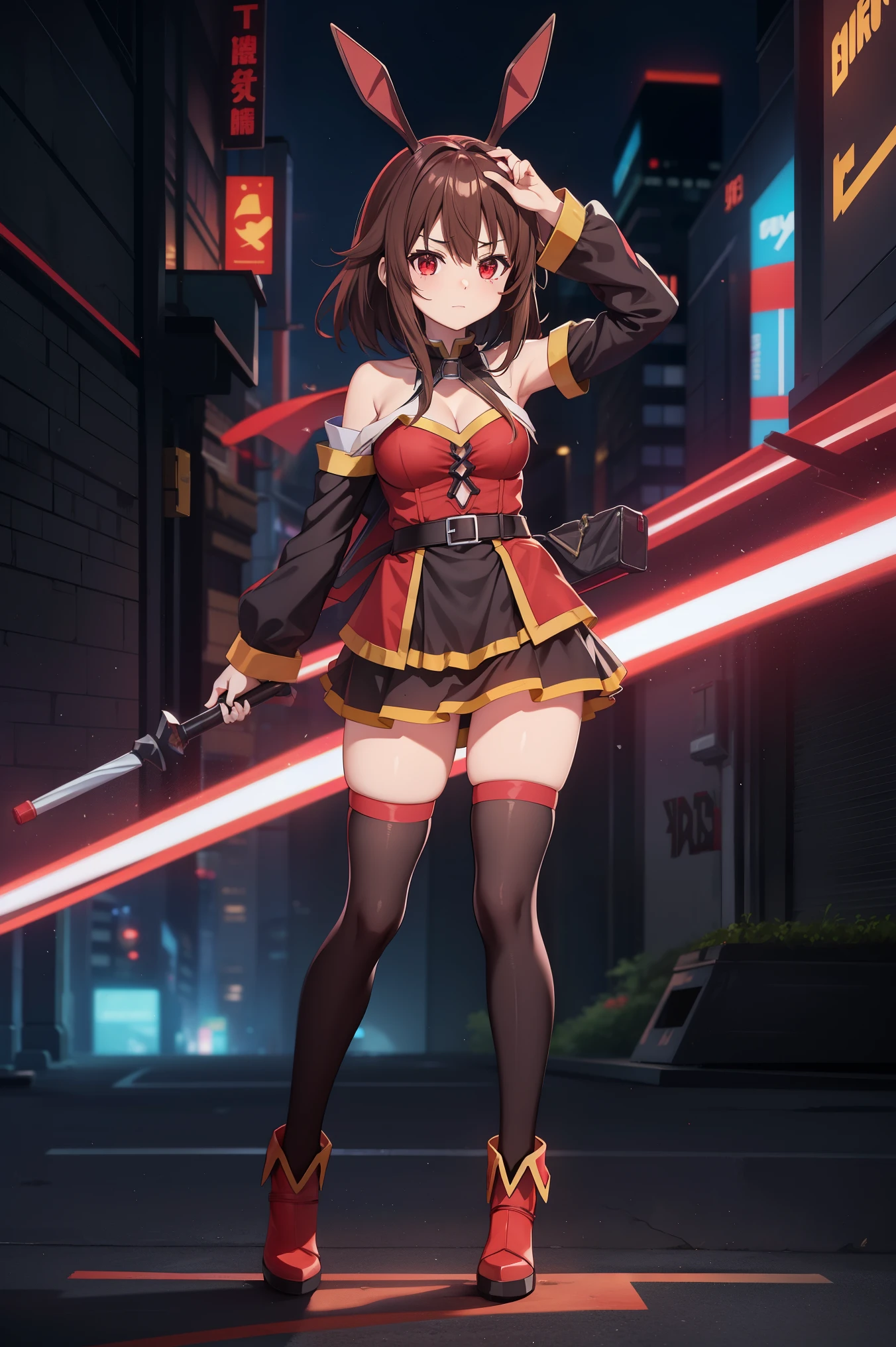 Visualize Megumin from Konosuba with red eyes, short brown hair, bunny ears, wearing a cyberpunk-style outfit, and depicted in full body.