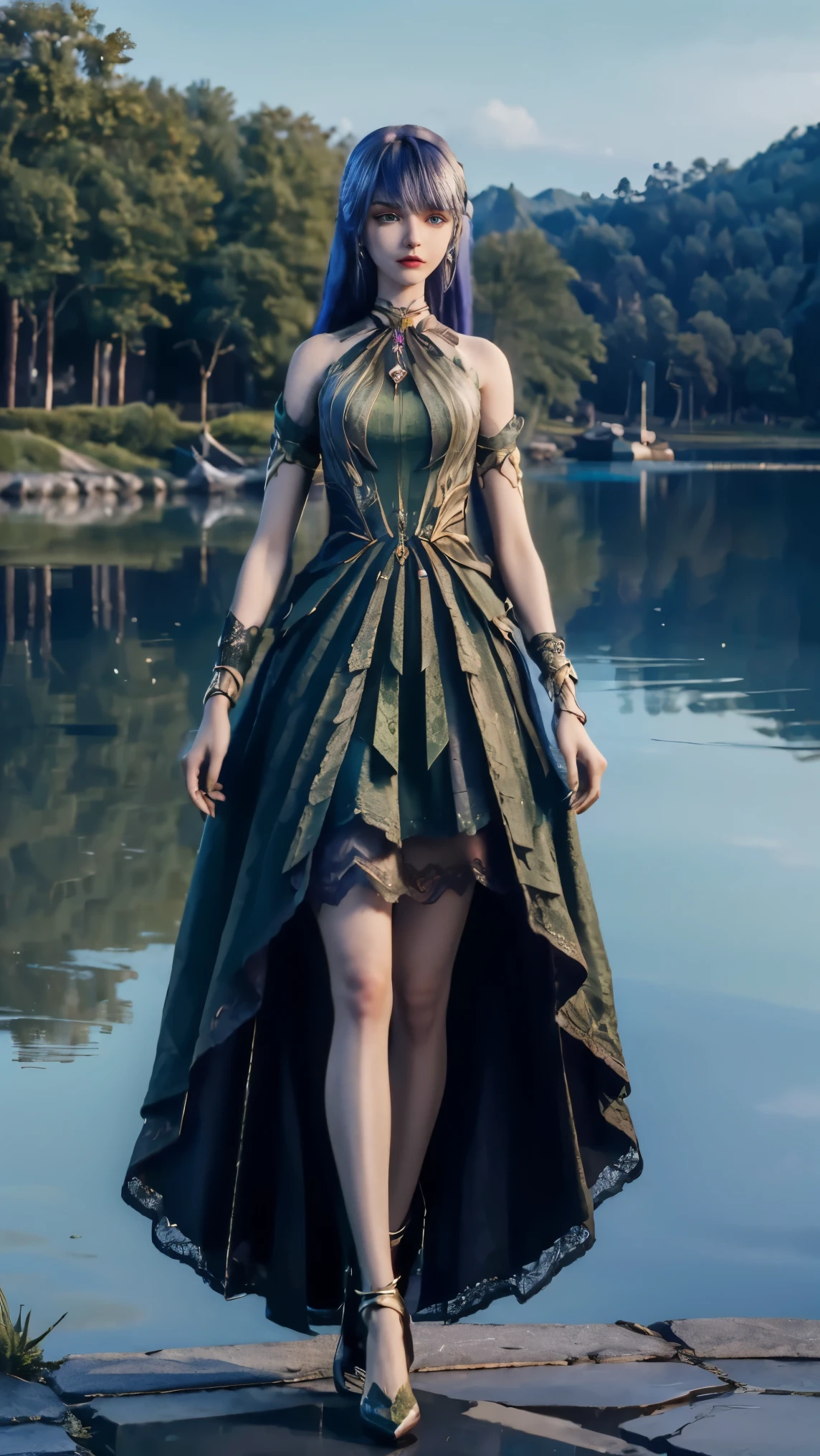 8k, masterpiece, 1 girl, beautiful face, very long hair, light makeup, detailed eyes, detailed lips, small bust, detailed dress, green dress, (wearing jewellery:1.8), (green lace:1.4), ((lake:1.4)), full body 