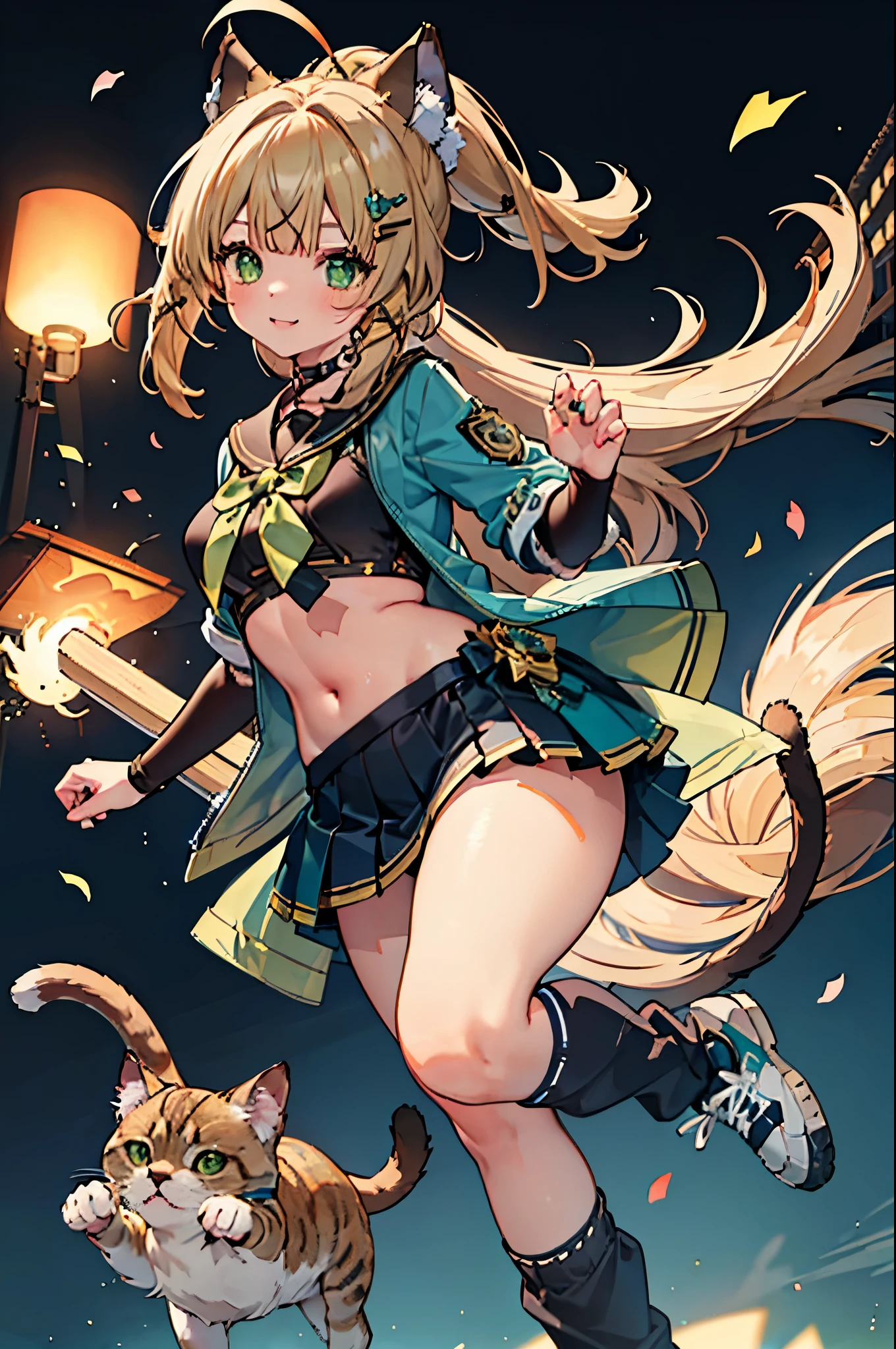realistic image, coherent image, detailed image, 1 girl, has pale ash blonde hair sticking out in strands and green eyes, Part of her hair is tied in a high ponytail. She wears a brown cat ear type accessory decorated with gold and flowers. Her hair has several yellow and brown hairpins, as well as a flower-shaped clip to the right of her hair. Hers is a delicate oval face, blushing, smiling, she is wearing a crop top, pleated mini skirt, long stockings, sports shoes, medium breasts, curvy body, thick thighs, shy pose, black background, uniform background,