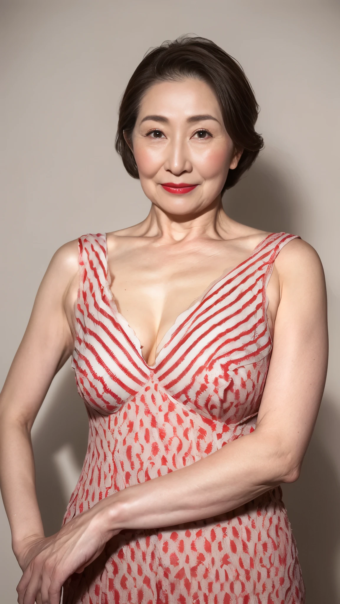 Remove the background, gravure, describe the lips correctly, red lipstick, from the chest up, elderly AV actress, old face, highest quality, super detailed, realistic, super dense skin, perfect anatomy, (1 Japanese mature woman), (Erotic), 100 years old, big breasts, Bewitching, Glamour, Sexy, pure white skin, looking at the viewer,