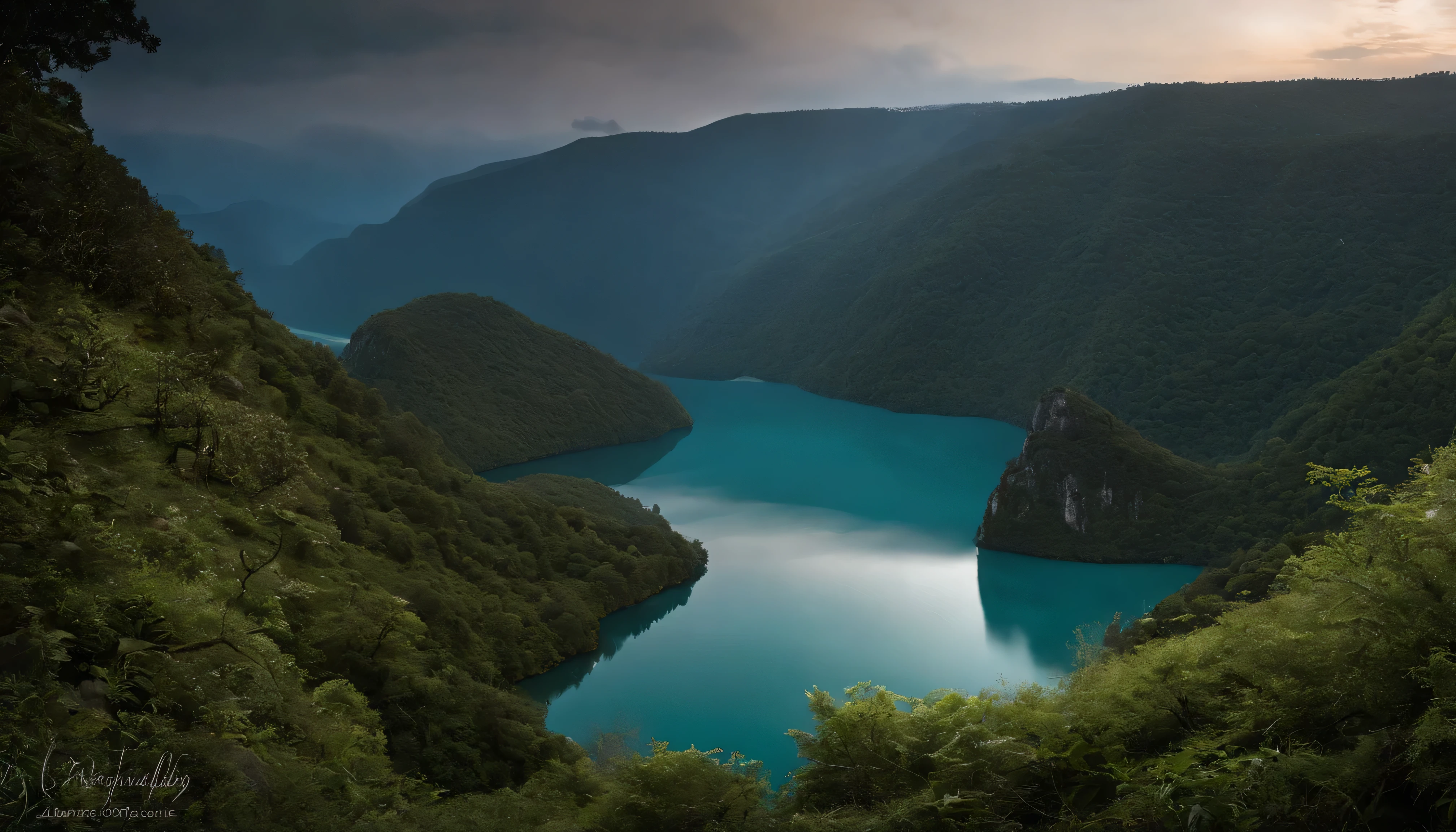 Magnificent view，Forest mountain landscape photography，Nature，It just rained，Bushes in the moonlight，Turquoise blue water，Boulders of various shapes，Alpine cliffs，1 white Phalaenopsis orchid，Minimalist cyan black and white gray tones，foggy sky，Nightmare vision， Dark fantasy plot，Perfect and excellent composition，8K分辨率，the detail，Rain trails，dampness，water stain，very wide angle shot，Jack Guzman's environmental art photography，realisticlying，cinematic compositions，Volumetriclighting，vividness, A detailed, stunning skies, Colorful clouds float，true to life, Pubic area is clear, flawless perfection, Digital SLR, 16k, 1024, 2048, 4096, A detailed, Sharp, best qualtiy, high qulity, absurderes，unmanned background，The is very detailed、Detailed lighting shadows，Trends on ArtStation、iintricate、high detal、dramatics、Midjourney Art（Volumetriclighting：1.2）hdr shot。（Faraway view，Super deep view，ultra-wide-angle，Microfocal length lens：1.2）（realisticlying：1.4）tmasterpiece、high high quality、Beautiful photography、globalillumination、