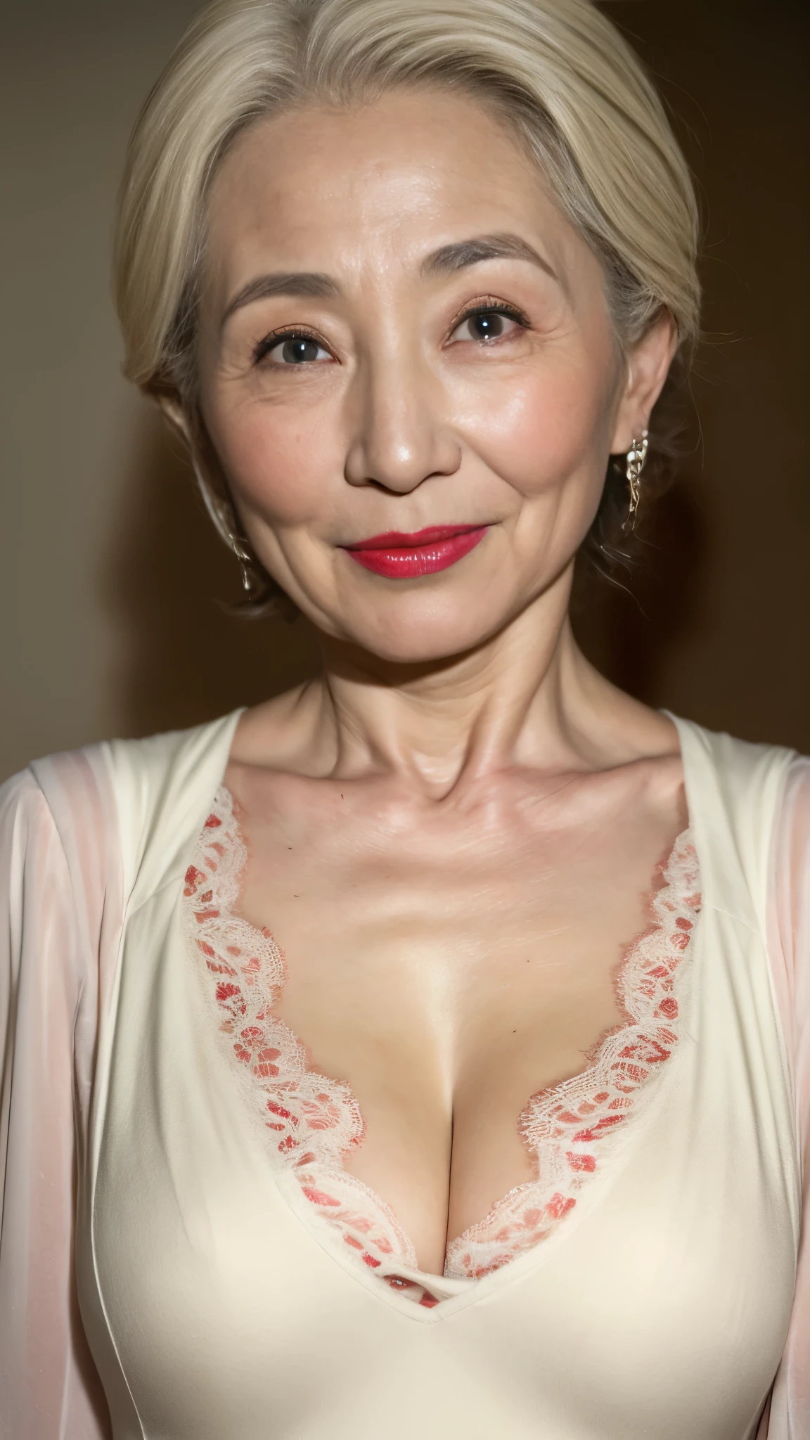 Remove the background, gravure, describe the lips correctly, red lipstick, from the chest up, elderly AV actress, old face, highest quality, super detailed, realistic, super dense skin, perfect anatomy, (1 Japanese mature woman), (Erotic), 100 years old, big breasts, Bewitching, Glamour, Sexy, pure white skin, looking at the viewer,