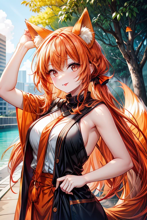 An orange haired woman with copper eyes and orange fox ears and an orange fox tail is sticking out her tongue on a sunny morning