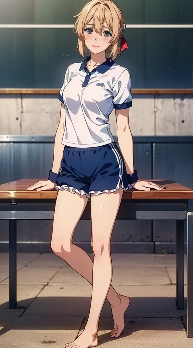 (depicting a single moment from anime for adults), ((white-pleated skirt, round face, eyes with realistic sizing, drooping eyes, blush, shame smile, spread legs slightly)), (((hit her crotch on the corner of the tennis racket for self pleasure, ecstasy, around view, short hair))),